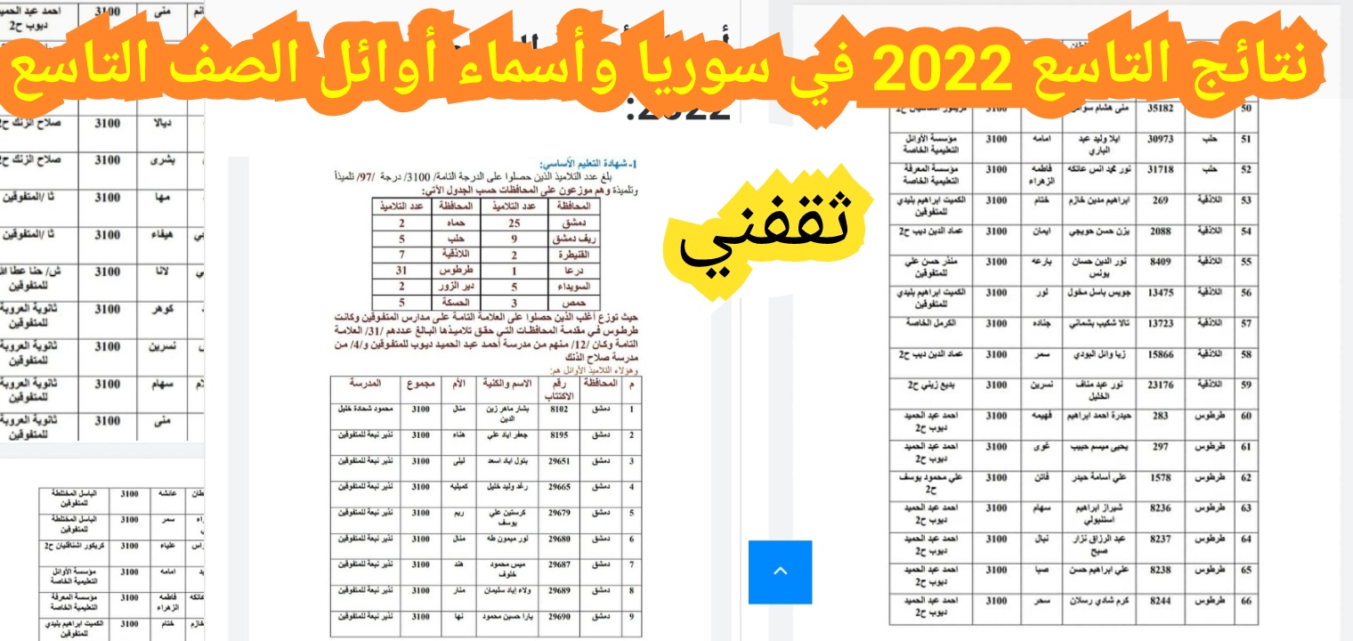 نتائج التاسع 2022 في سوريا وأسماء أوائل نتيجة الصف التاسع