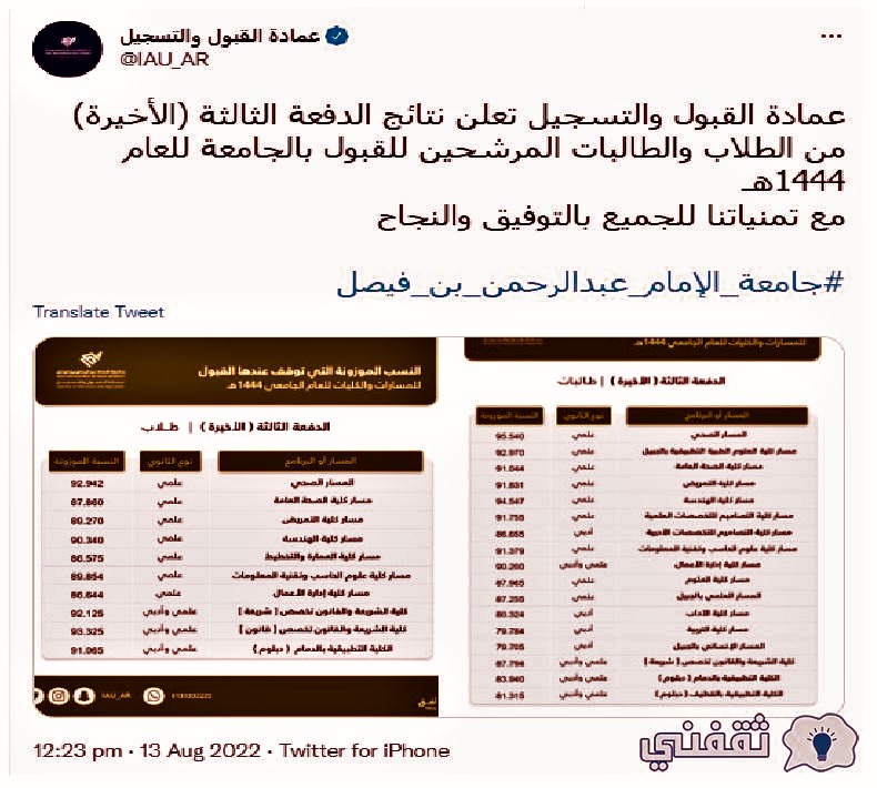 نتائج الدفعة الثالثة والأخيرة ١٤٤٤ جامعة الامام عبدالرحمن بن فيصل بالمملكة