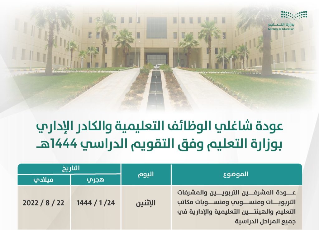 التقويم الدراسي 1444 عودة الإداريين 1024x741 - التقويم الدراسي 1444 عودة الإداريين والمشرفين للدوام بالمدارس السعودية
