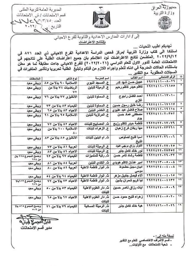 FB IMG 16630669965459484 - نتائج اعتراضات السادس الاعدادي 2022 الدور الثاني وزارة التربية العراق epedu.gov.iq
