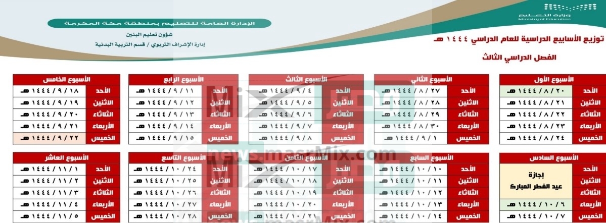 New توزيع الاسابيع الدراسية 1444 الفصل الثالث الدراسي؟ من وزارة التعليم السعودية - مدونة التقنية العربية